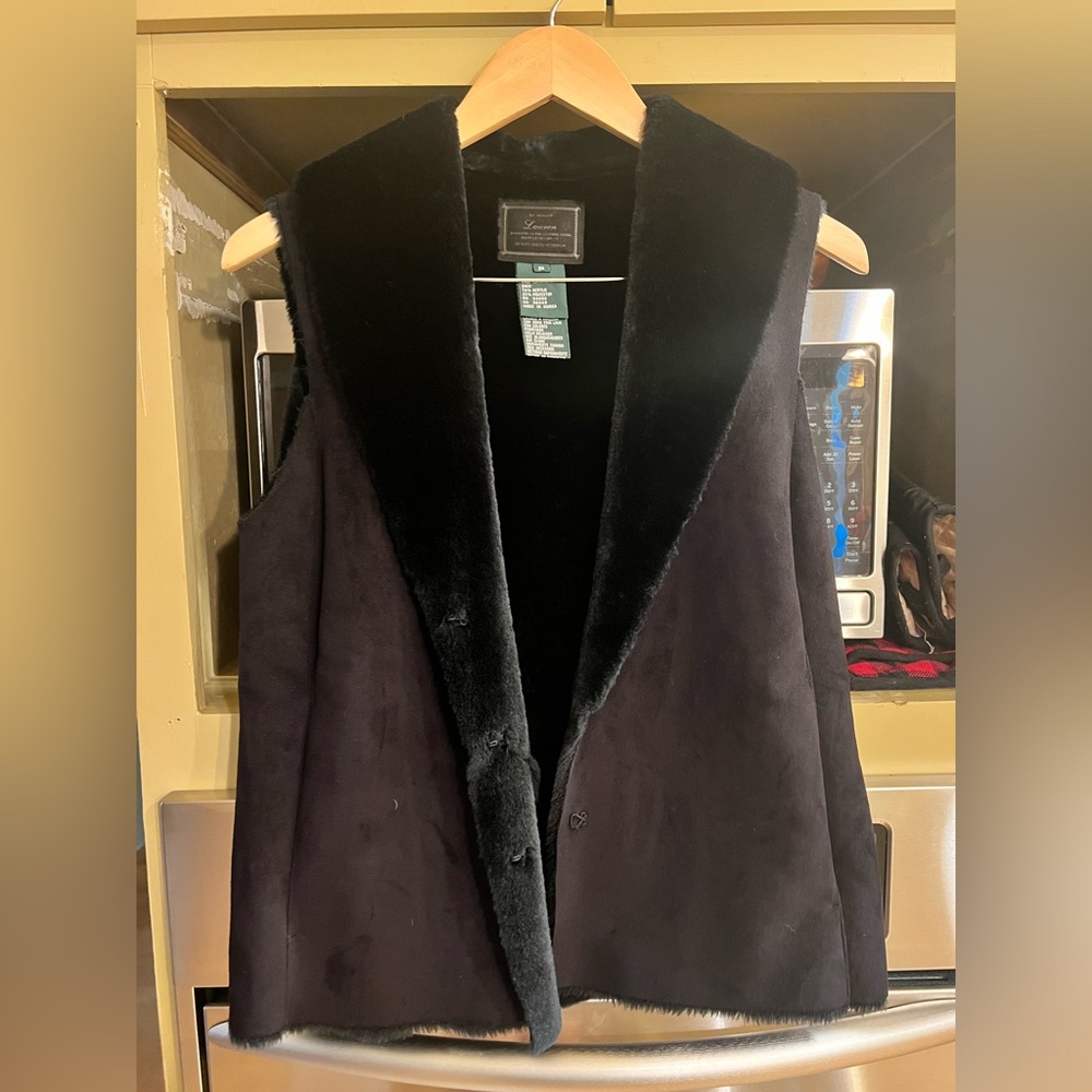 Ralph Lauren Black Label Faux Fur Lined and Suede Black Vest Sz. S EUC